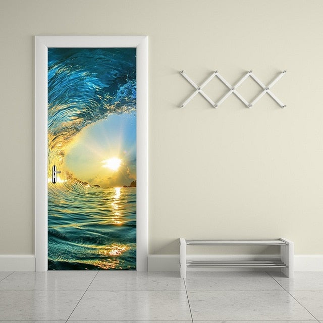 3D Beautiful Landscape Door Sticker For Living Room Bedroom DIY PVC Self Adhesive Wallpaper Waterproof Mural Decals deursticker - disneytoys