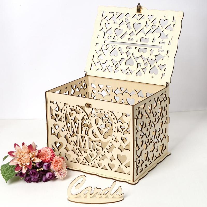 New DIY Wedding Gift Card Box Wooden Money Box with Lock Beautiful Wedding Decoration Birthday Party Supplies - disneytoys