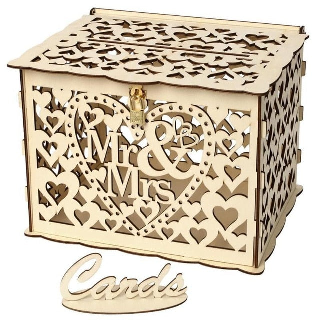 New DIY Wedding Gift Card Box Wooden Money Box with Lock Beautiful Wedding Decoration Birthday Party Supplies - disneytoys