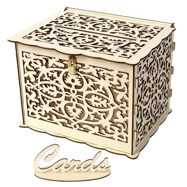 New DIY Wedding Gift Card Box Wooden Money Box with Lock Beautiful Wedding Decoration Birthday Party Supplies - disneytoys